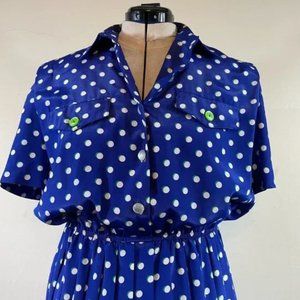 90's Vintage Leslie Fay Bold Blue & White Polka Dot Midi Dress Size 12
